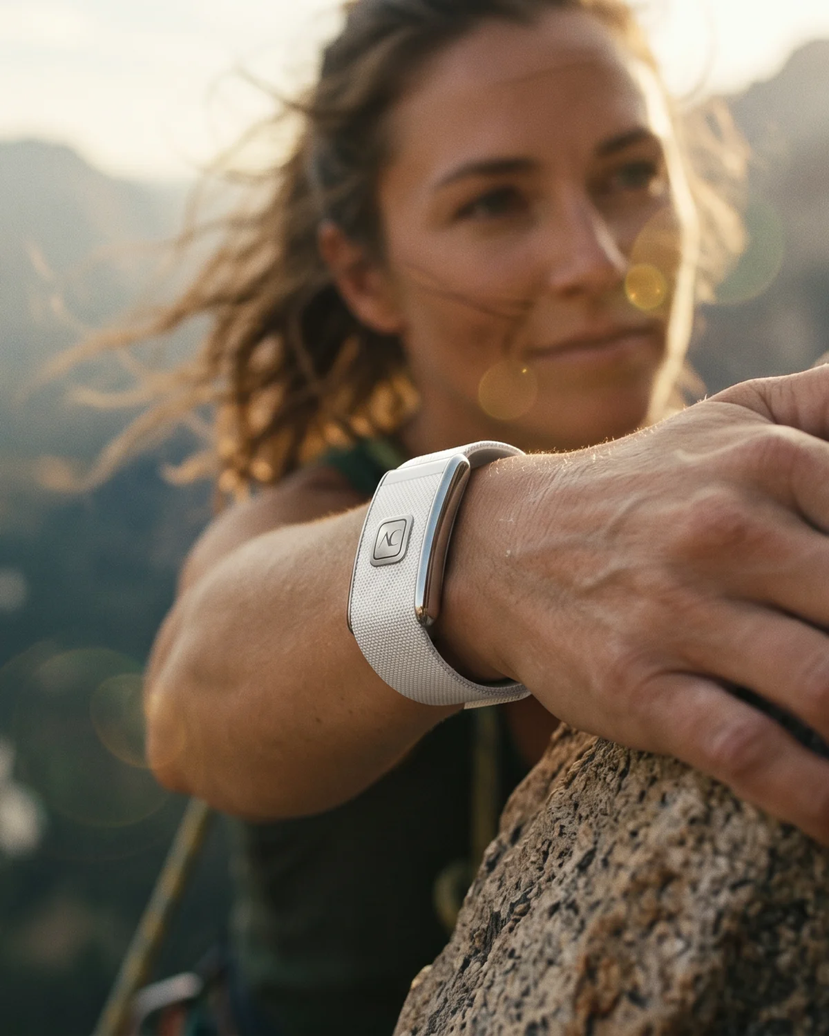 A woman wearing the AverFit Band outdoors